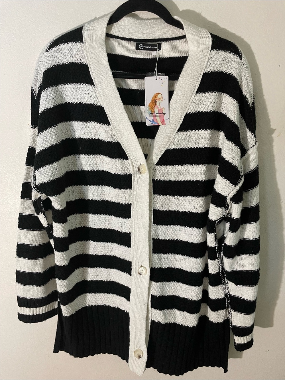 Striped Black & White Buttoned V-Neck Cardigan Sweater